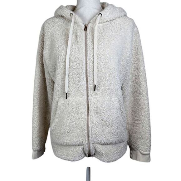 Adrienne Vittadini Sherpa Teddy Zipper Hoodie Coat Ivory Cream Size Medium - Picture 1 of 8